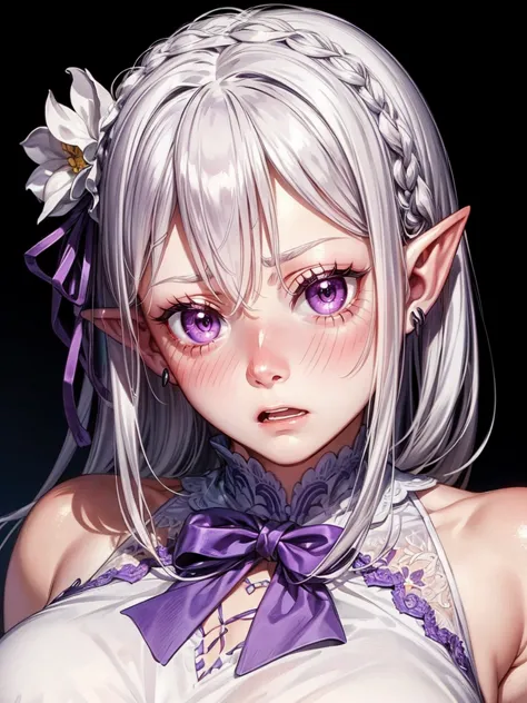 detailed face, (purple eyes), long eyelashes, realistic skin,pointy ears,(scared:1.6)