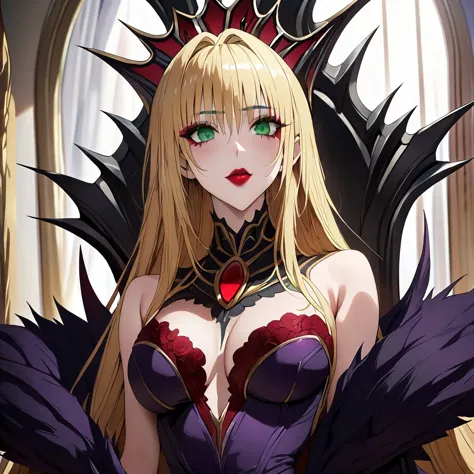 ((Highest quality)), ((masterpiece)), (detailed), （Perfect Face）、The woman is Tiare, a dark queen with green eyes, medium-long b...