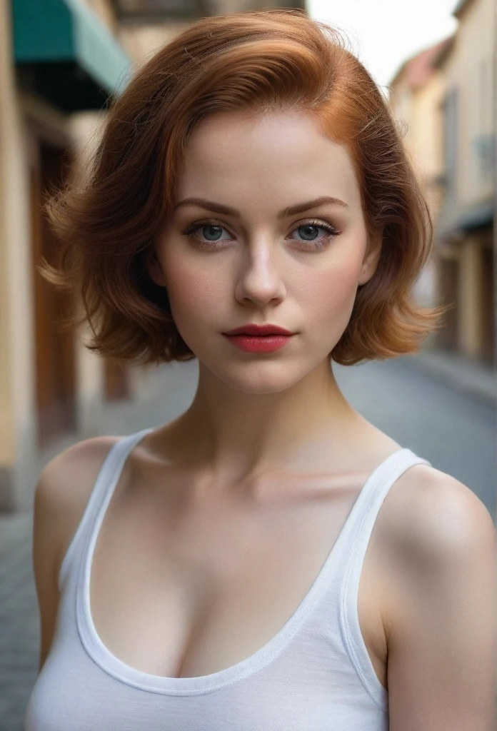 A young woman poses on a quiet street in a resort town. The girl has extremely detailed eyes, beautiful lips, long eyelashes and perfect anatomy. Her fragile body and hands are worked out to the smallest detail, with realistic, photorealistic and the highest quality rendering. The lighting is Rembrandt-esque, creating a dramatic, masterpiece scene. She has a European appearance, with a cute oval face, short red hair and huge breasts. The woman poses in a retro style, looking like a high quality work of photographer David Dubnitsky. Her pale skin shows pores and moles, and she is wearing a tight T-shirt and short shorts. She removes the short shorts and exposes her bare pussy. The scene was shot on a DSLR camera in 8K UHD resolution, with soft lighting and film grain.