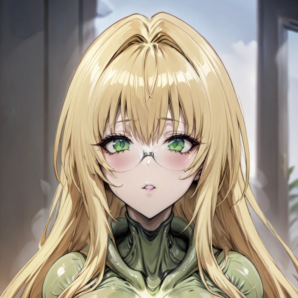 ((Highest quality)), ((masterpiece)), (detailed), （Perfect Face）、The woman is Tiare, a beautiful female alien with green eyes and medium-long blonde hair, whose body has become a deformed alien and who is living with fellow aliens in the alien nest.