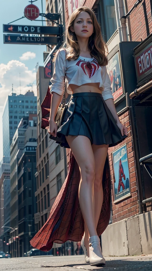 Melissa Benoist、マーベルコミックの映画Poster、so beautiful、Movies about Spider-Man、sexy、whole body、Wearing a skirt、Premiere Date、Poster、belly buttonを突き出す、new york、She&#39;s wearing a ripped Spiderman suit、The suit is torn、Wearing a skirt、Red and black color scheme、dynamic、masterpiece、Highest quality、Super detailed、Very detailed、Delicate and beautiful shine、Ultra-high resolution、Cinematic、break、breakドロップ、(Torn clothes:1.5)、(Wet clothes:1.4)、Bare shoulders、Real Rain、Wet Hair、belly button、Exposed Skin、sexyな肩を披露