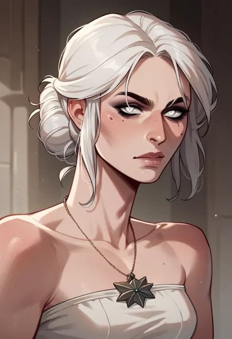 young girl ciri from the witcher, white hair, white eyes, swallows thanos&#39;s dick down his throat, cum on dick, oral sex, loc...