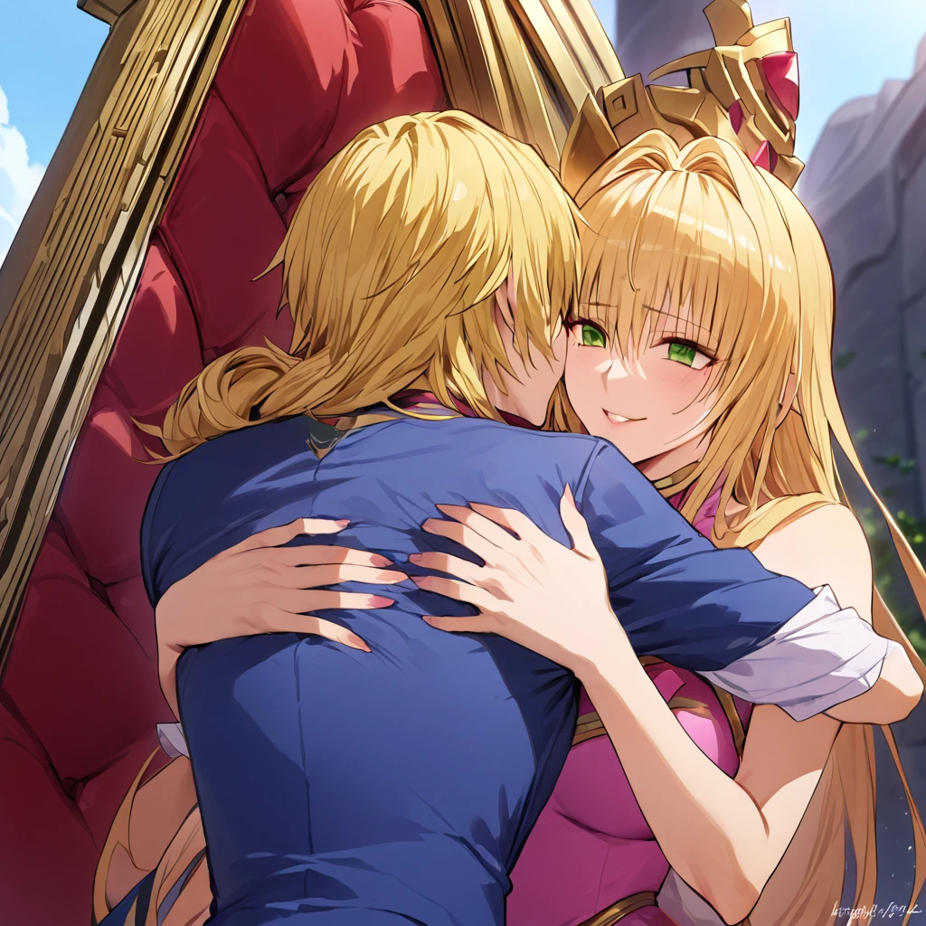 ((Highest quality)), ((masterpiece)), (detailed), （Perfect Face）、The woman is Tearju, with green eyes, medium-length blonde hair, and is wearing a Princess Zelda costume.、The woman is the princess of Hyrule and the wife of King Ganondorf.、The woman is hugging King Ganondorf on the large throne, happily kissing him.