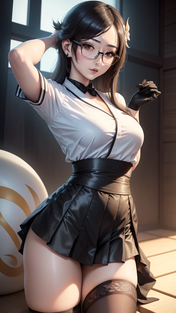 Chiori, (genshin impact), Sexy aesthetic wet short skirt white shirt short black skirt black stockings long hair glasses hands raised
