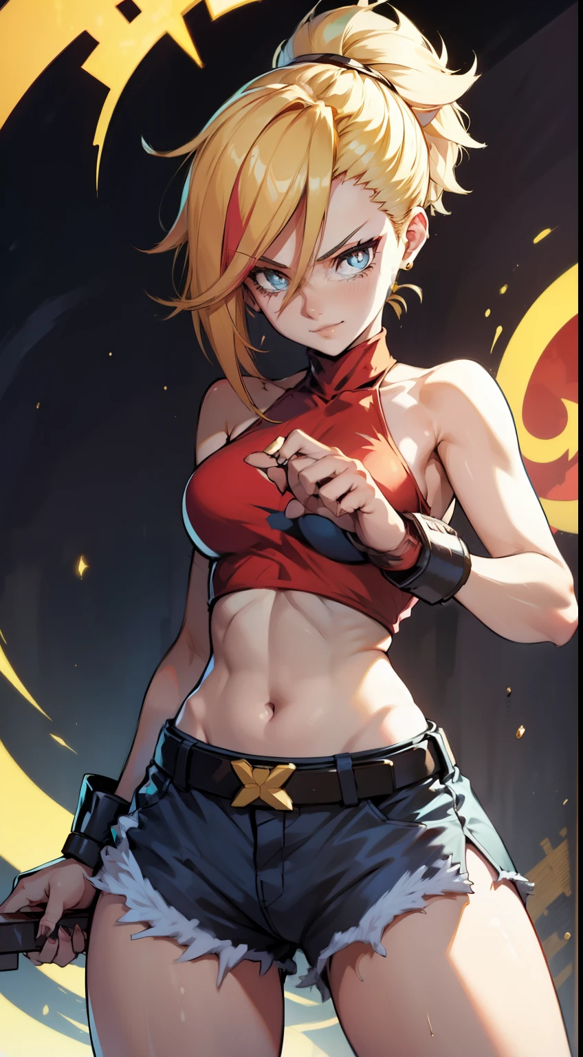 young girl, longue blonde hair, Hairpin with a bundle, turquoise eyes, Yakuza tattoos, red tight uniform, Sleeveless, Wide neckline on the chest to the abdomen, Gold Elements, Red gold armor, Shorts, claws, smirk, Masterpiece, hiquality, 4k, HD, Good detail