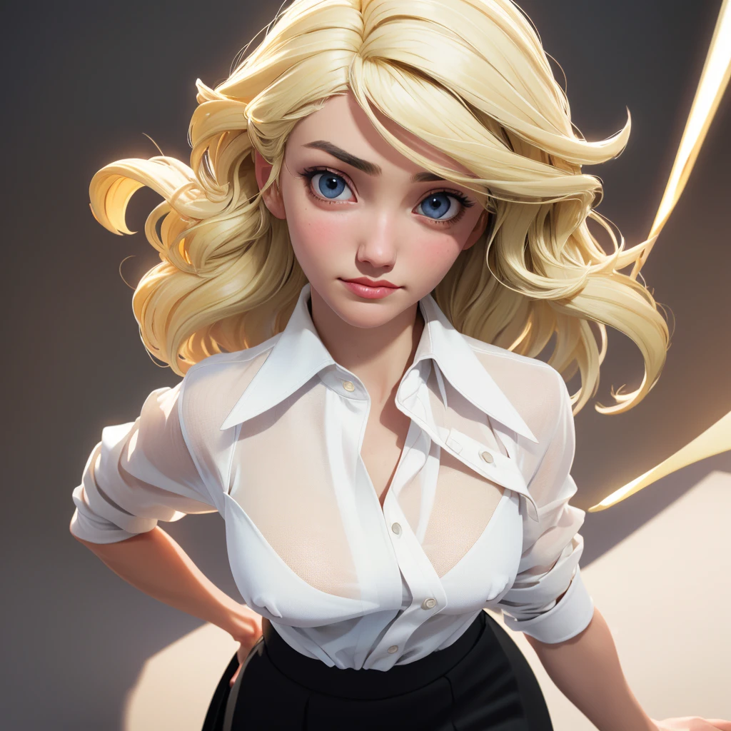 (masterpiece:1.3), (best quality:1.2), intricate details, (highly detailed skin:1.2), c4m3r0nd-v2, (1girl:1.2), large breasts, realistic, highres, beauty photo, tear drop , from above, cool mood, (wearing white shirt and black skirt:1.3), short hair , (blond haircolor:1.3), Hourglass-Petite body shape, fill lighting, fcDetailPortrait, (tilted head:1.4), (sexy pose:1.3),   