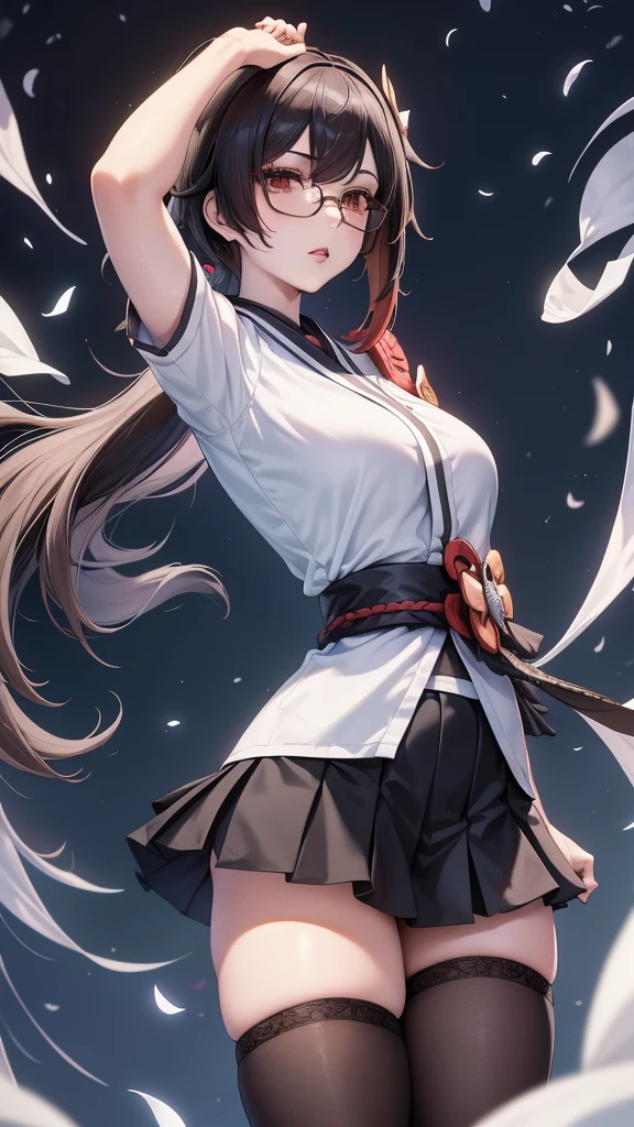 Chiori, (genshin impact), Sexy aesthetic wet short skirt white shirt short black skirt black stockings long hair glasses hands raised
