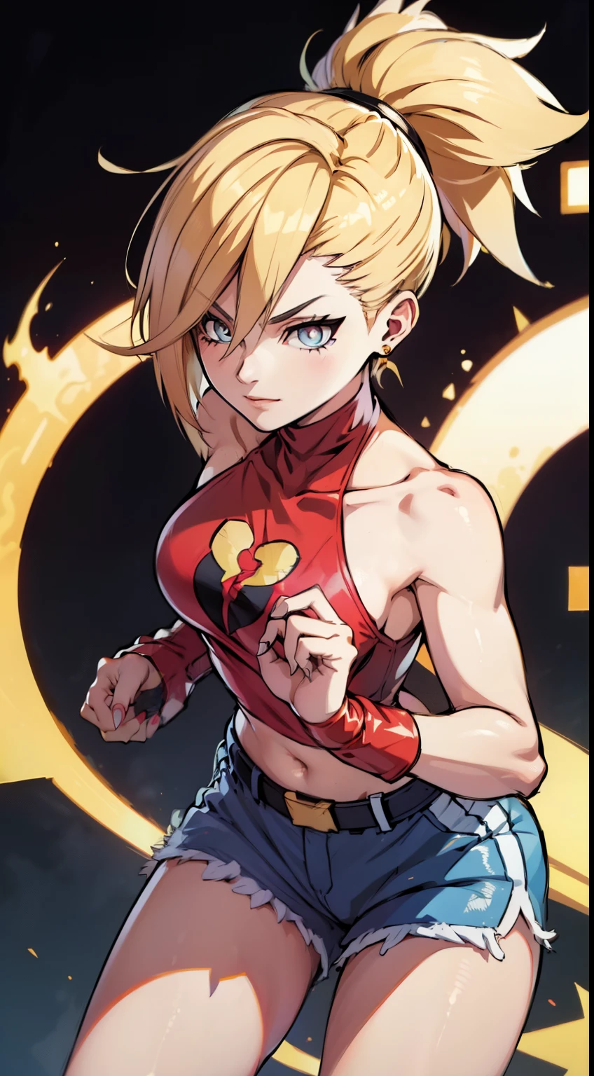 young girl, longue blonde hair, Hairpin with a bundle, turquoise eyes, Yakuza tattoos, red tight uniform, Sleeveless, Wide neckline on the chest to the abdomen, Gold Elements, Red gold armor, Shorts, claws, smirk, Masterpiece, hiquality, 4k, HD, Good detail