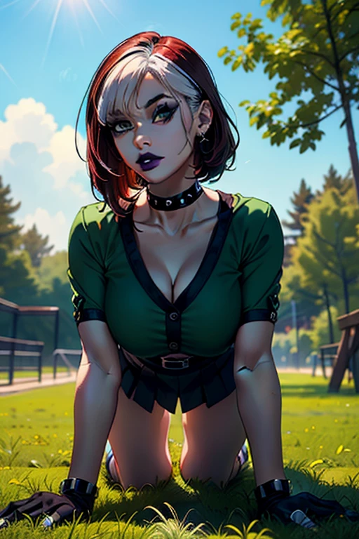 (masterpiece, best quality, ultra-detailed), 1girl, RogueXME, two-tone hair, (red hair), white bangs, green eyes, purple makeup, purple lipstick, choker, studded collar, medium breasts, green shirt, black skirt, mini skirt, all fours, grass, trees