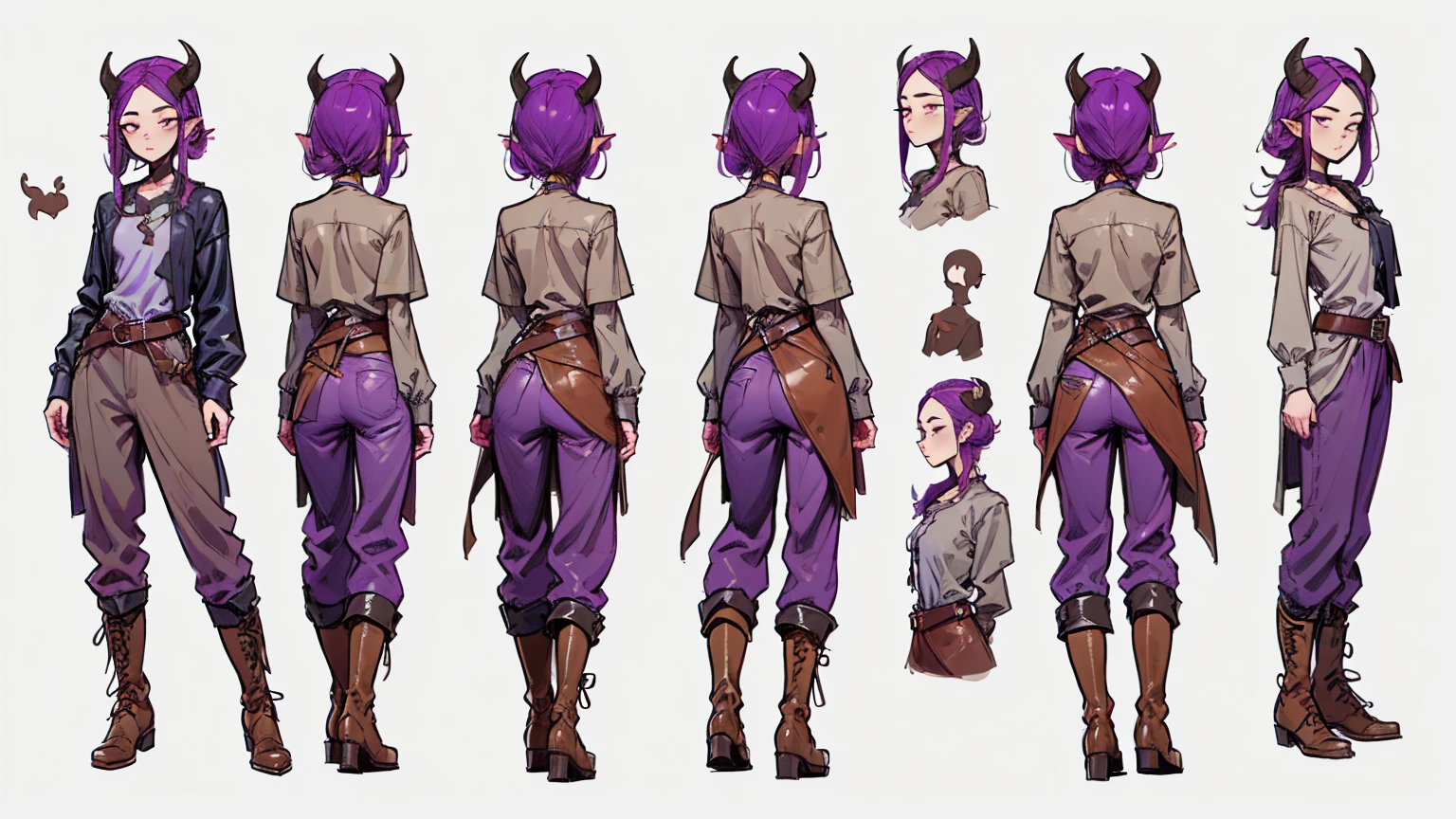 (Masterpiece, best quality), detailed, 1girl, ((character concept art)), ((character design sheet, same character, front, side, back)), many items, (Tiefling Girl, purple hair, purple skin, purple horns, flat chest, slim, in a linen shirt and gray-brown pants with a belt, in leather boots, medieval clothing, stands tall