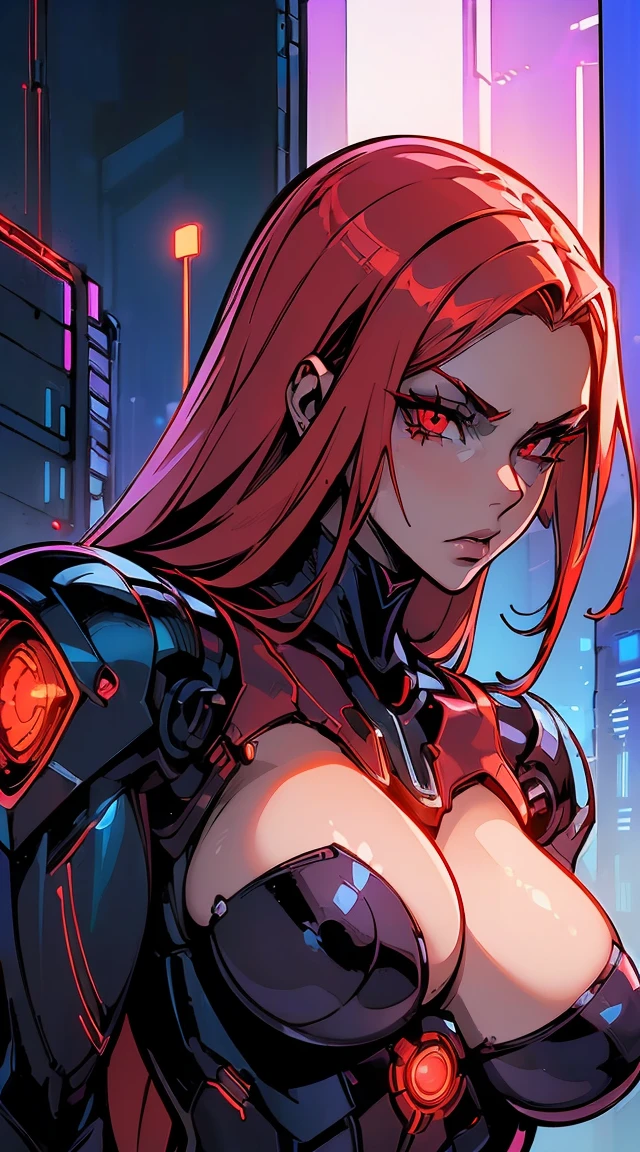 (best quality,ultra-detailed,realistic:1.37),woman cyborg,red eyes,evil,anime,huge ,sleek metallic body,expressionless face,glowing circuits,enormous energy blade,mechanical limbs,dystopian city backdrop,neon lights reflection,dark and ominous atmosphere