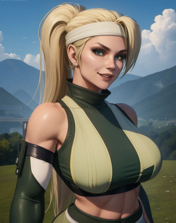 sonyamk11, blonde hair, ponytail, looking at viewer,    
headband, green and white crop top, green and white pantyhose,  
upper body, standing, smile, 
military base,  outdoors, 
(insanely detailed, beautiful detailed face, masterpiece, best quality) 