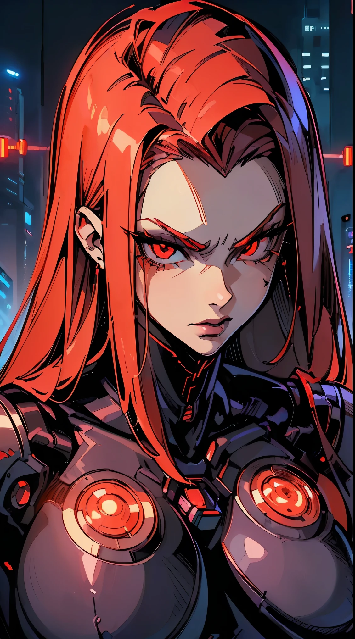 (best quality,ultra-detailed,realistic:1.37),woman cyborg,red eyes,evil,anime,huge ,sleek metallic body,expressionless face,glowing circuits,enormous energy blade,mechanical limbs,dystopian city backdrop,neon lights reflection,dark and ominous atmosphere