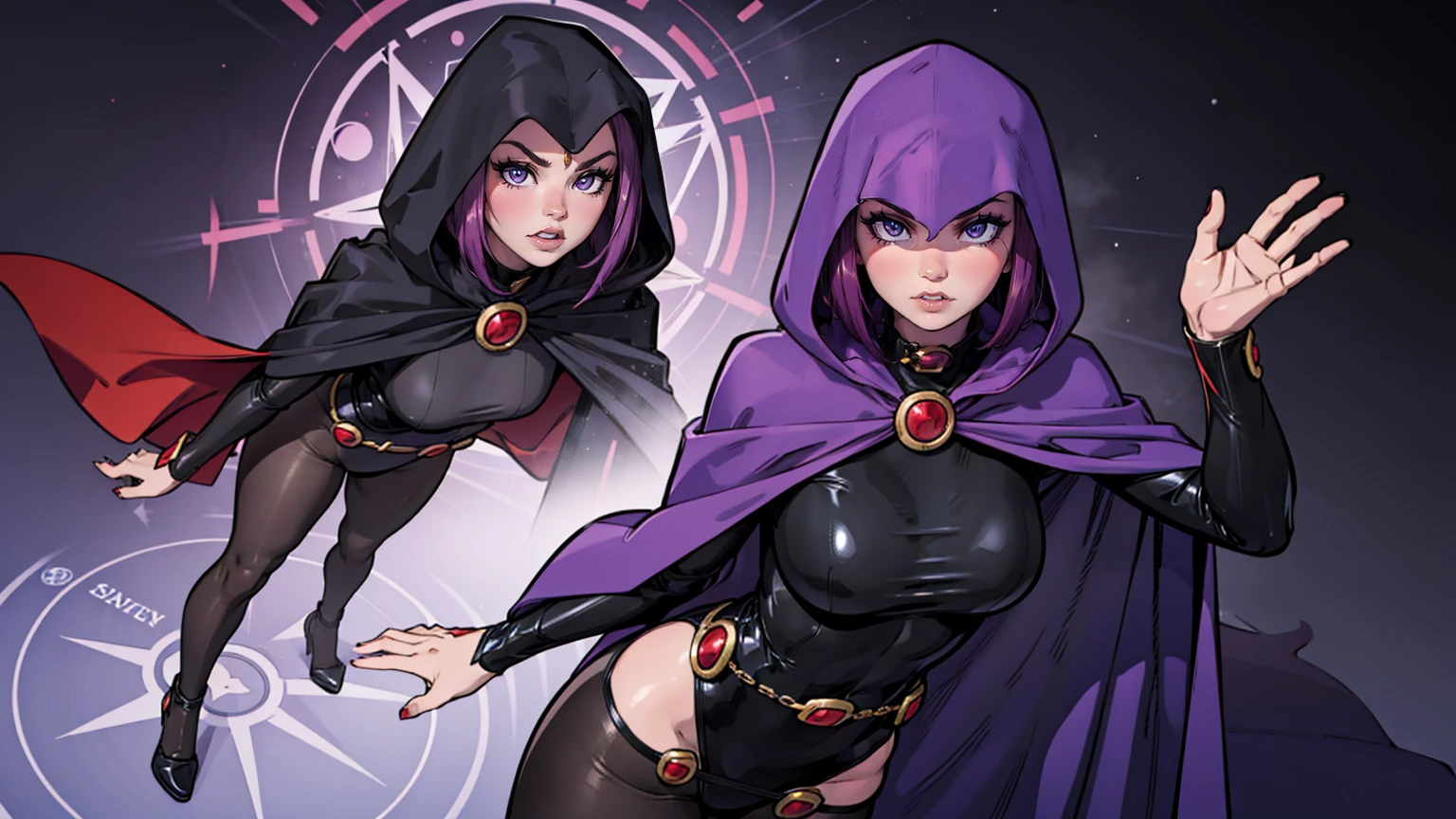 alone, 1girl, 1 girl, cute pose, From  above:1.2, ecchi, sexy pose, illustration of Raven from DC Comics, 1 girl, Raven, high collar, collant preto, black cloack, hooded cloak, cabelo roxo, testa jeauel, purples eyes, shorth hair, waist belt, stretched skin, standing, neckleace, toned, pose, natta , moonlights, ((posando)), motion lines, trunk, trunk, portraite, b&au. contour, in anime tarot card art style, chic, glamorous, reflection, Glow Up, shadowing, pantyhose 40 dinier, mic, dynamic angle, suggestive posing, dynamic pose, shot cowboy
