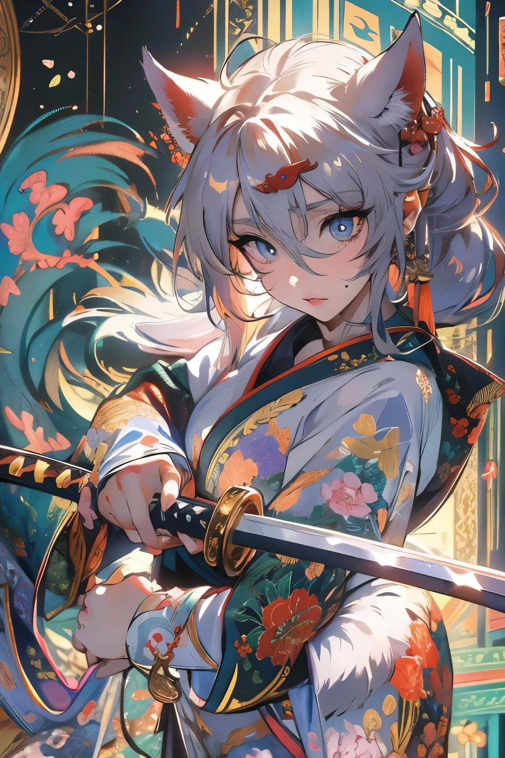 A wolf girl, age 20, wolf girl, standing, looking to the viewer , sandals ,samurai captain,beautiful detailed eyes,beautiful detailed lips,extremely detailed eyes and face,longeyelashes,(best quality,4k,8k,highres,masterpiece:1.2),ultra-detailed, extreme detail description,professional, bokeh,portraits, anime,sci-fi,photography,concept artists,colorful palette,gentle sunlight, fullbody shot, holding a katana 