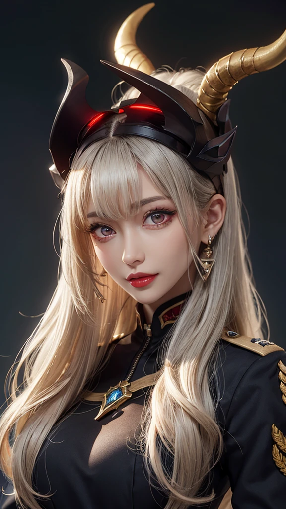 1girl, solo, mature lady, milf, beautiful character design, cg unreal engine, hd, 4k, full shading, perfect shading, professional art, extremely detail character design, a girl with long white hair wearing black theme soldier uniform, happy, smug, red eyes color, red lips, half body shot, looking at viewer, evil pupil eyes, cute evil horns