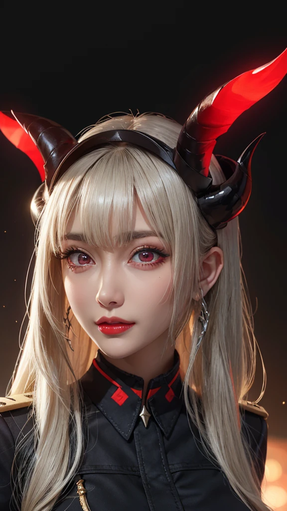 1girl, solo, mature lady, milf, beautiful character design, cg unreal engine, hd, 4k, full shading, perfect shading, professional art, extremely detail character design, a girl with long white hair wearing black theme soldier uniform, happy, smug, red eyes color, red lips, half body shot, looking at viewer, evil pupil eyes, cute evil horns