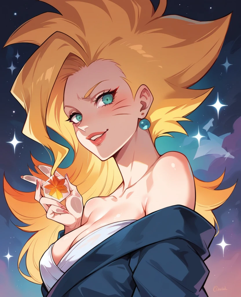 Glass lual Crea una imagen que represente el retrato de una hermosa mujer vegeta. + Naruto sexy rasgada roupas decote front  of a universe where fire black, planetas, y las galaxias están hechas enteramente de coloridos, vidrio translúcido, refractar y reflejar la luz en patrones dinámicos.