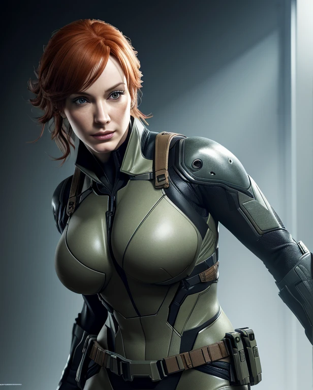 Christina Hendricks as a Metal Gear Solid character, High-quality facial research of Christina Hendricks, (Christina's sculpted cheekbones and slight wrinkles around the face), (detailed facial feature, detailed skin, clear skin), alluring 48 year old woman, large breasts, buxom chested, deep cleavage, High-quality detailed research of Christina Hendricks voluptuous figure. Full body, super quality for competition, whole body, casual pose, beautiful pose, (extremely detailed CG 8k wallpaper), (extremely delicate and beautiful), (masterpiece), (best quality: 1.0), (ultra-high resolution: 1.0), beautiful lighting, perfect lighting, realistic shadows, [high resolution], detailed skin, super detailed (((colorful))), Digital art, Metal Gear Solid concept art, Full Body concept art, Expert concept art with high detail, Concept art such as Ernest Halimov, Stealth game concept art, Concept art, Yoji Shinkawa style, Video game concept art, 4k
