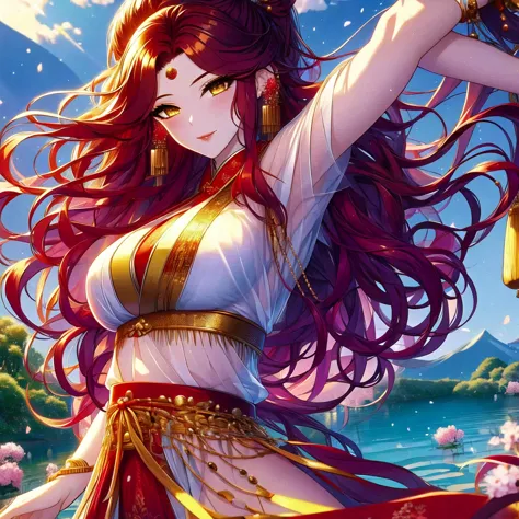 (masterpiece, best quality: 1.2), 1 female, solo, dancing alone, xian mei, beautiful golden eyes, long red curly hair, detailed ...