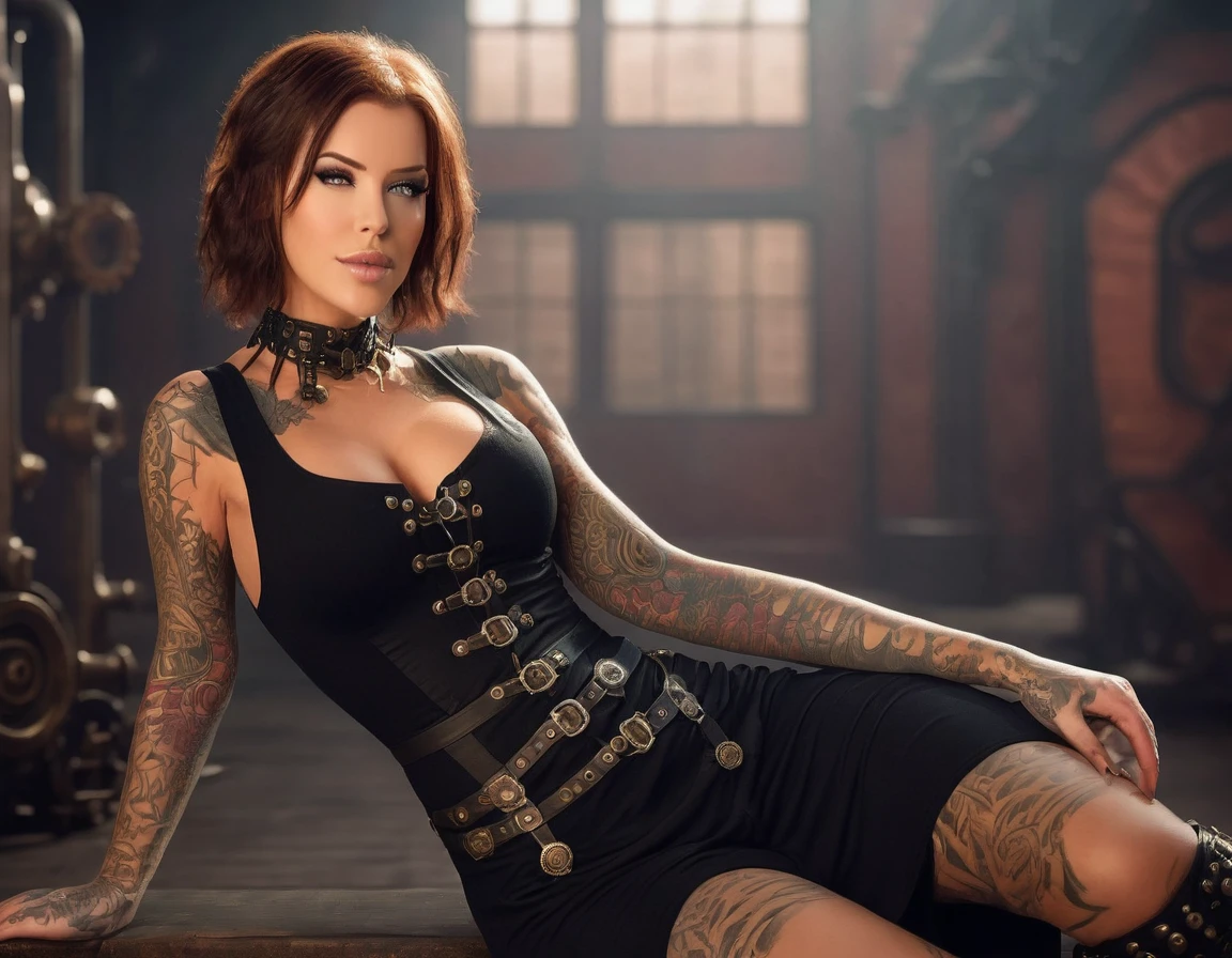 Imagine Laurence Bedard, with her radiant eyes, dressed in a sleek, black mesh dress that flows with her every move. The steampunk boots add that touch of rugged elegance, and the detailed gears and cogs in the background create a perfect contrast, all in stunning 4K resolution.