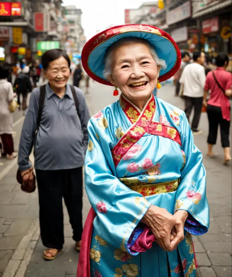 closeup of smiling old woman wearing typical chinese costume for women, city street, daytime, street traffic, asphalt