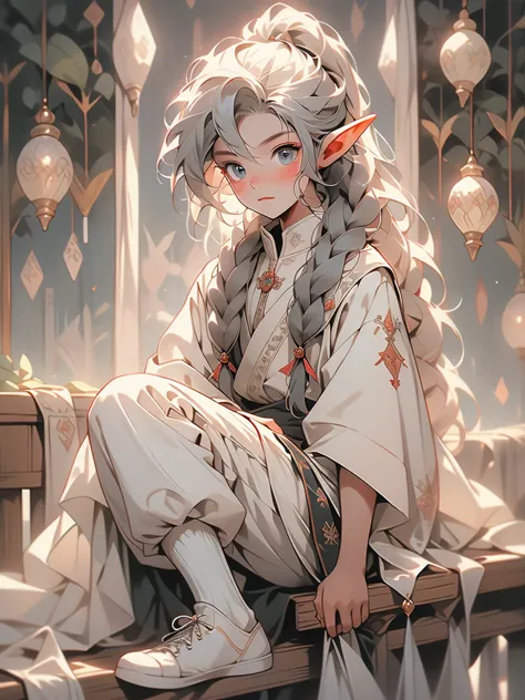 elf, young cute boy, long hair, braids, young, cute, ,medieval clothes, black and white clothes, jester, tanned skin, robe, pant...