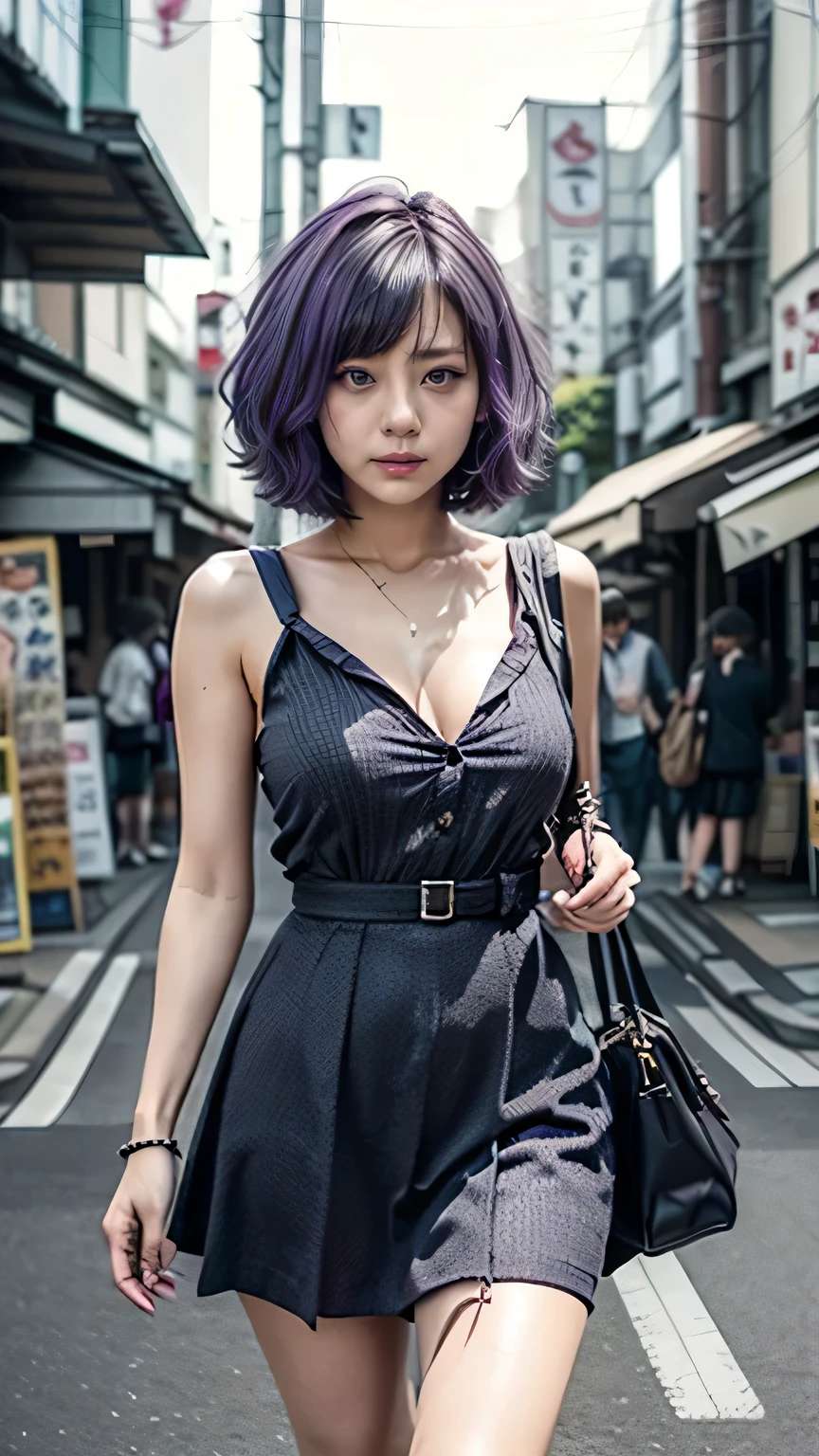 (Girl bends down to pick up bag from ground on Tokyo street:1.2、blue sky、Cleavage:1.4)、((Gothic Lolita、One-piece dress)、the wind is strong、(Realistic、Like a photograph、Live Action、8K, Realistic, RAW Photos, Best image quality: 1.4), Single-lens reflex camera、RAW Photos, Highest quality, Realistic, Highly detailed CG Unity 8K wallpaper, Written boundary depth, Cinematic Light, Lens flare, Ray Tracing, Realistic background、((ultra high density skin))、 Teenage girl on her way to school,Cute Japanese、(Big Breasts)、(whole body:1.5)、Super detailed face，avert your eyes:1.1、(Purple inner color hair、short hair:1.2、My hair flutters in the wind:1.4)、I like that style、stylish、Very detailed、Pay attention to the details、Perfect outfit、(Sunburned skin)、View from the front、Accurate hands、Accurate legs、Detailed hands and fingers、Anatomically correct body、Thin legs、Thin thighs、Large Breasts