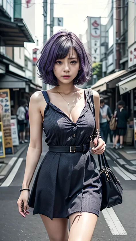 (Girl bends down to pick up bag from ground on Tokyo street:1.2、blue sky、Cleavage:1.4)、((Gothic Lolita、One-piece dress)、the wind...