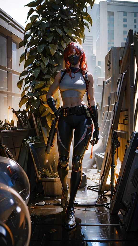 woman, cybernetic mask, bullet belt crossing her torso, carries a rifle on her back, camouflage pants, reddish hair, broken muscles, dark skin, curly hair, sculptural body, Amazon jungle background, high definition, RTX lighting, Full body focus, bandit expression.