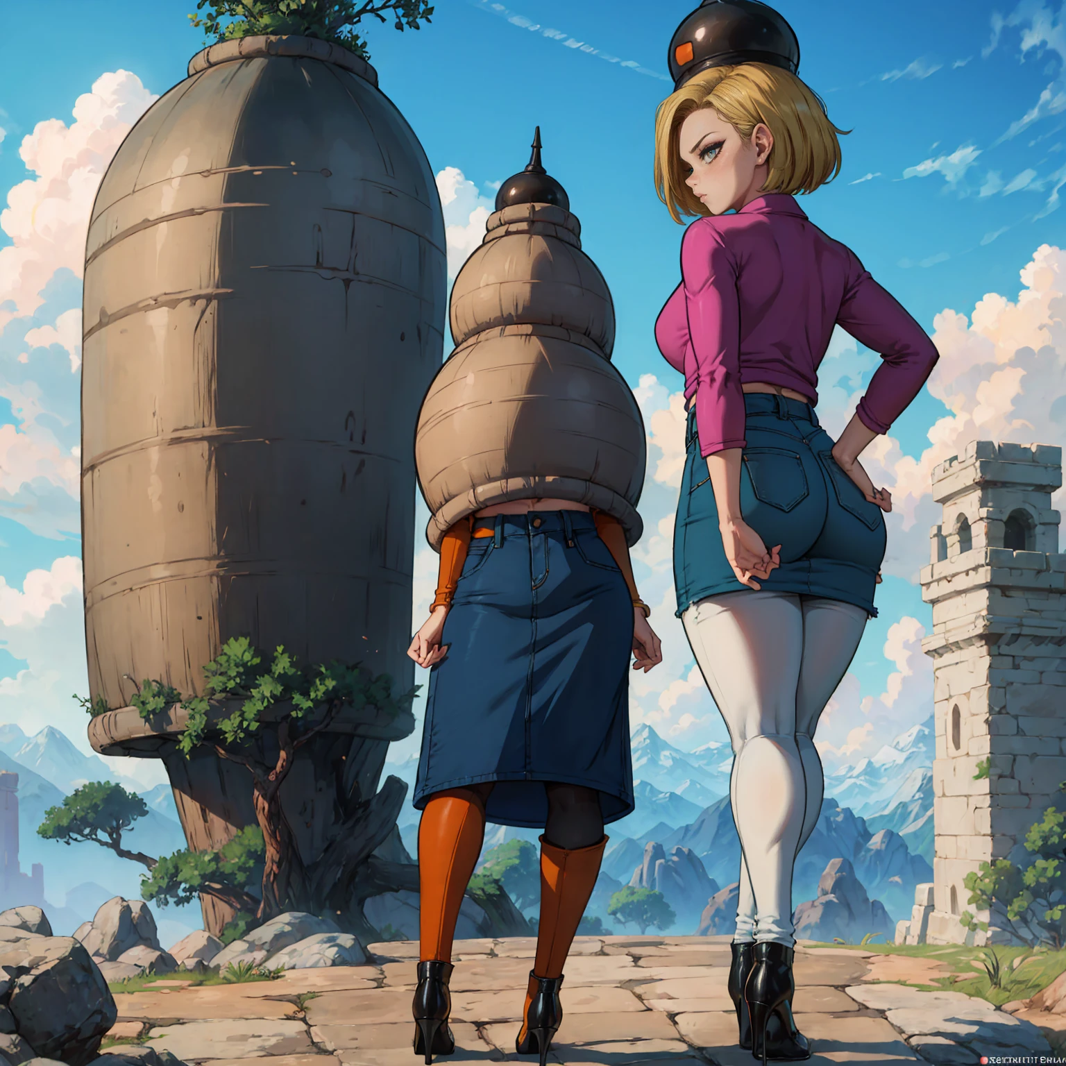 masterpiece, best quality, tailvore, larvastd, 1girl, android 18. dragon ball, botw, ass focus, (denim skirt, black pantyhose, white paints), sky