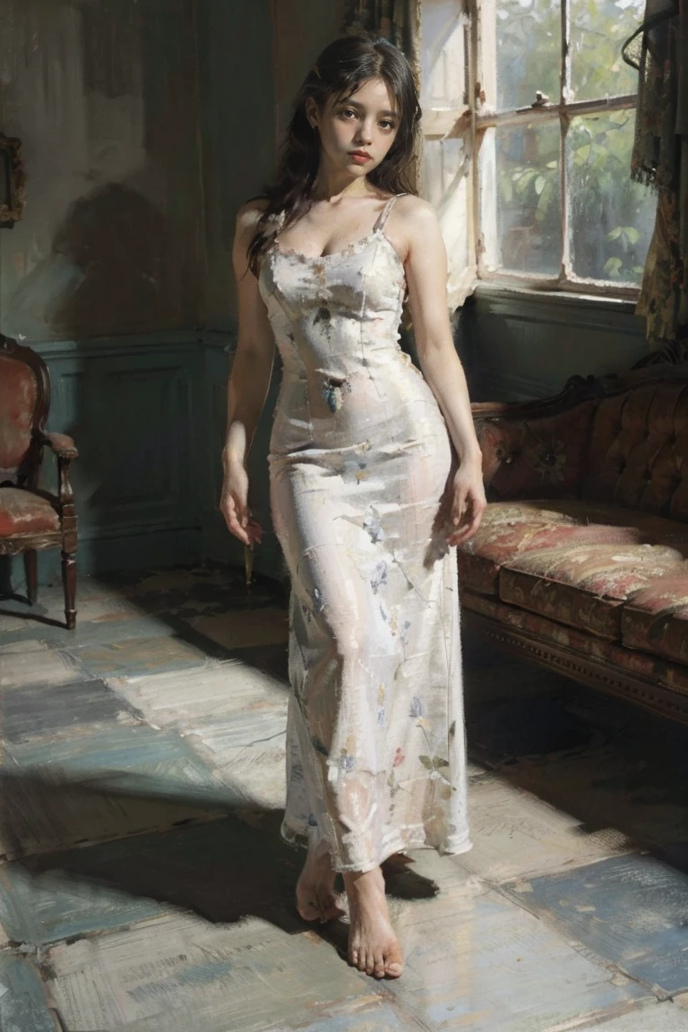 Oil painting by Nick Alm, Beautiful young woman, whole body, is Are standing ((Woman looking at camera)) Are standing, long white dress, Transparent silk, whole body, ((Barefoot)), ((Chess Floor, Black and white tiles))bright scene, bright, bright room and decaying, peeling wall, Peeling paint, Checkerboard Floor, Worn out sofa, old photograph, Delicate skin, Beautiful attention to detail, Beautiful lip detail, Highly detailed face, Long eyelashes, Slim figure, Warm lighting, Jenroll 2023, 1 Girl, 8K, Ultra-high resolution, Highest quality, Artistic Tendencies, Realistic, masterpiece, RAW images, Skin pores, Detailed skin, bright目, Hazel Eyes, Old abandoned house, Dark dramatic lighting, \(theme\), 1930s \(Nick Almstyle\),
