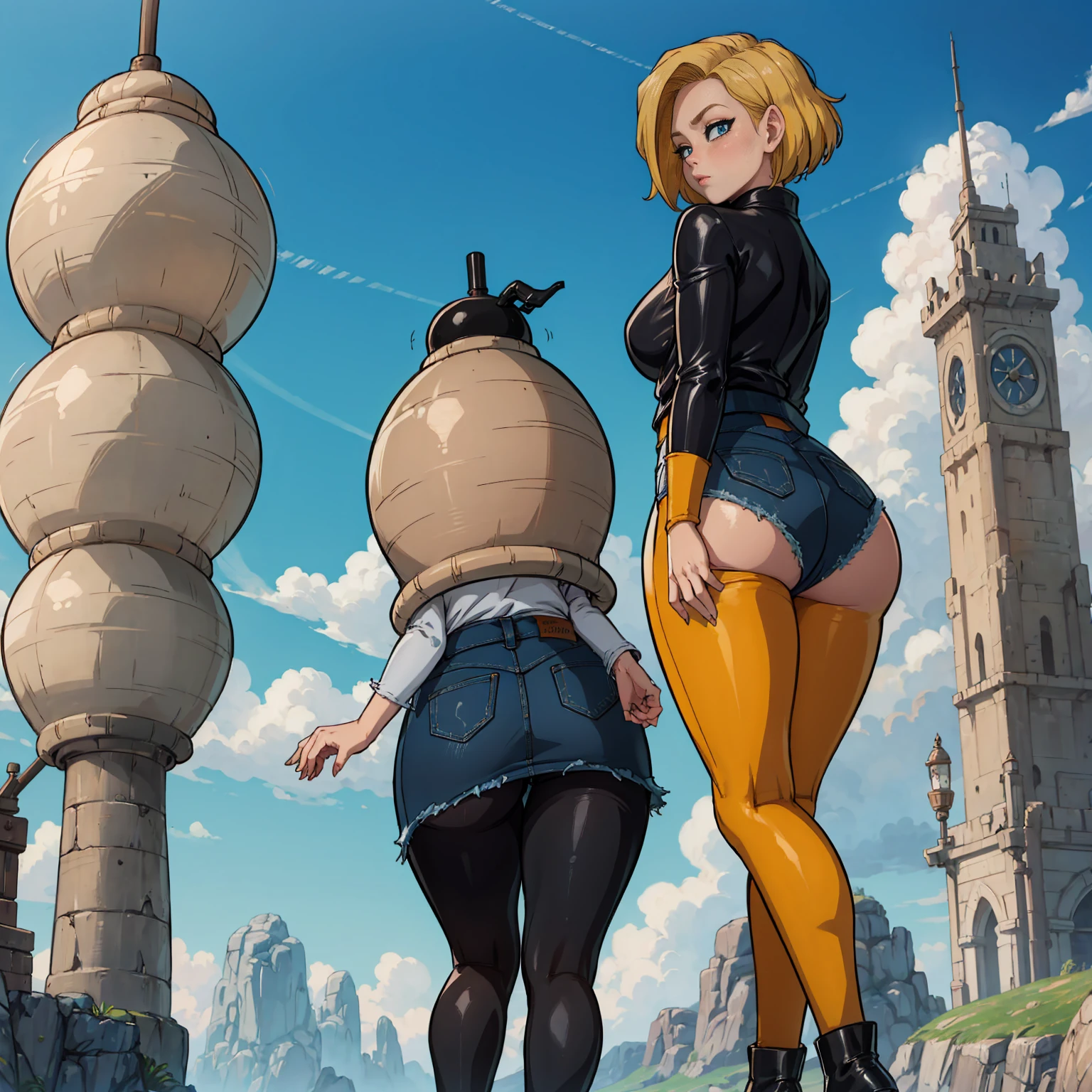 masterpiece, best quality, tailvore, larvastd, 1girl, android 18. dragon ball, botw, ass focus, (denim skirt, black pantyhose, white panties), sky