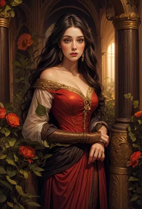 a close-up of a woman in a red dress standing in a garden, inspirado em magali villeneuve, inspired by Edmund Leighton, magali v...