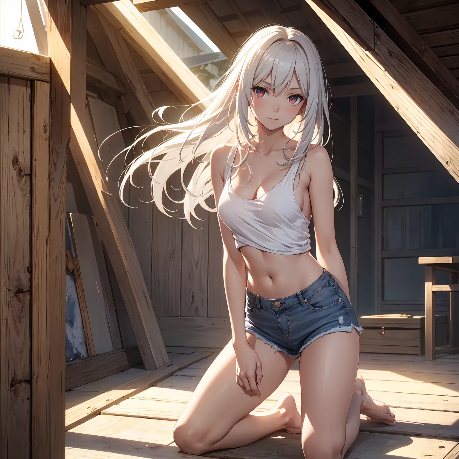 Browsing Caution　(Highest quality:1.5, High resolution, 超High resolution, 4K, Detailed lighting, Shaders)(masterpiece:1.2), Very detailed, Illyasviel von Einzbern　{{Red colored eyes}}++　alone, Cowboy Shot,Long Hair, Gray Hair, Red eyes, White tank top　Denim shorts　M-shaped foot　sneer　Beautiful beaches　Realistic sun rays　topless　Completely naked　Please roll up your shirt　Sweat　Outdoor