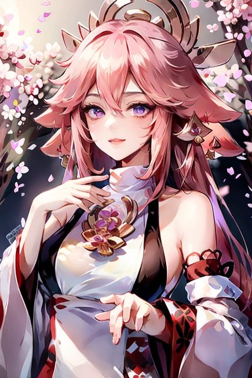 yae_miko, 1girl, pink hair, purple eyes, long hair, fox ears, earrings, hair ornament, jewelry on the chest, yae miko's clothes, bare shoulders, detached sleeves, upper body, outdoors,sakura tree, sakura, sunshine