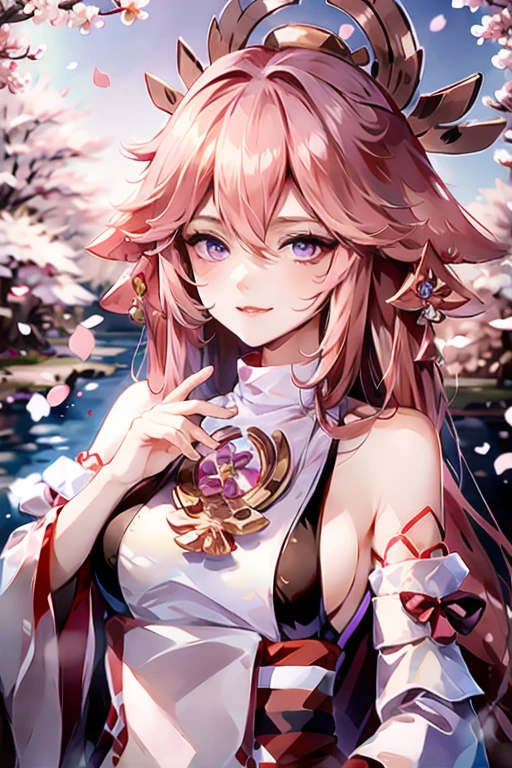 yae_miko, 1girl, pink hair, purple eyes, long hair, fox ears, earrings, hair ornament, jewelry on the chest, yae miko's clothes, bare shoulders, detached sleeves, upper body, outdoors,sakura tree, sakura, sunshine