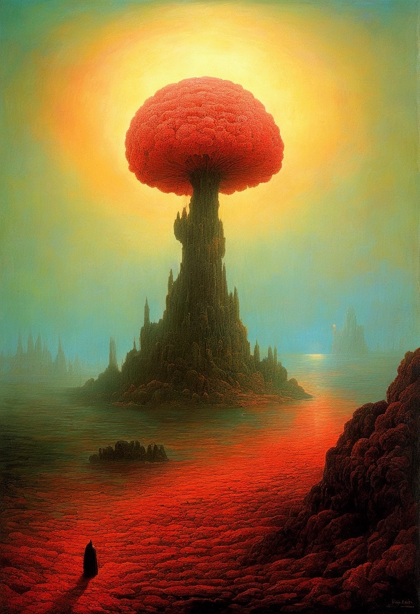 Mythical creatures, author：Zdzislaw Beksiński, romantic, Coral,landscape