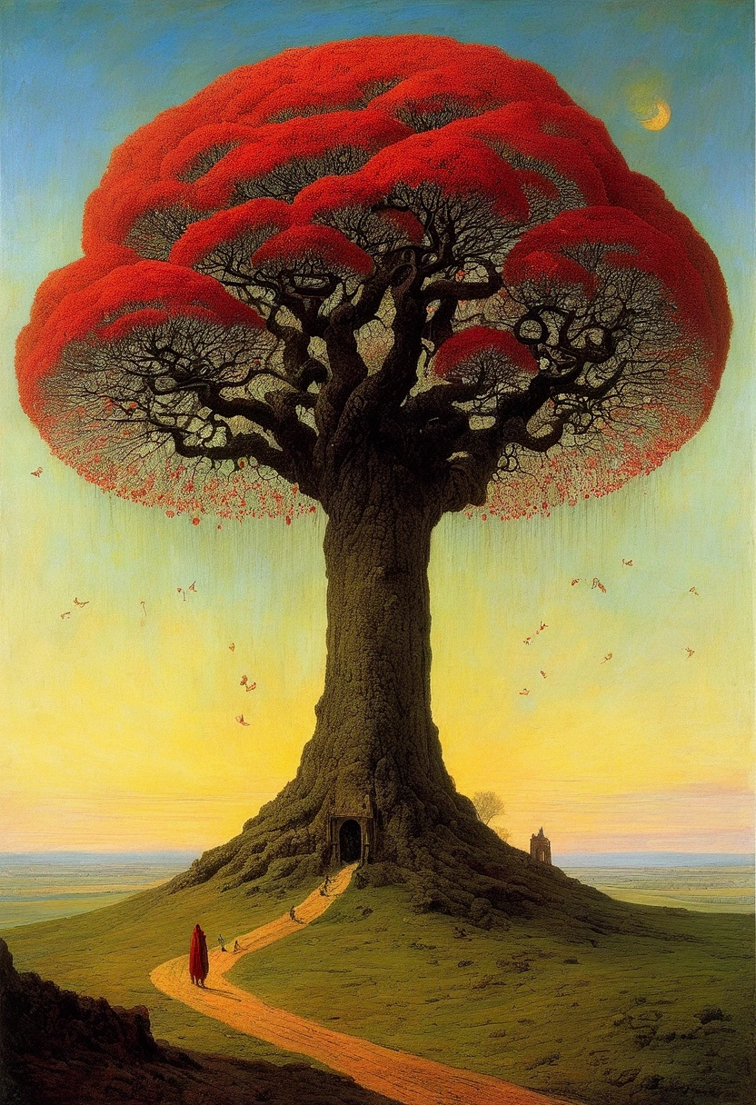 Mythical creatures, author：Zdzislaw Beksiński, romantic, Giant cherry tree,landscape