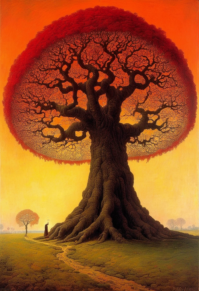 Mythical creatures, author：Zdzislaw Beksiński, romantic, Giant cherry tree,landscape