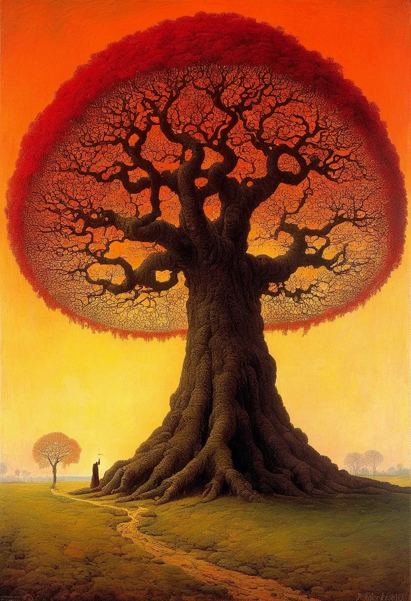 mythical creatures, author：zdzislaw beksiński, romantic, giant cherry tree,landscape