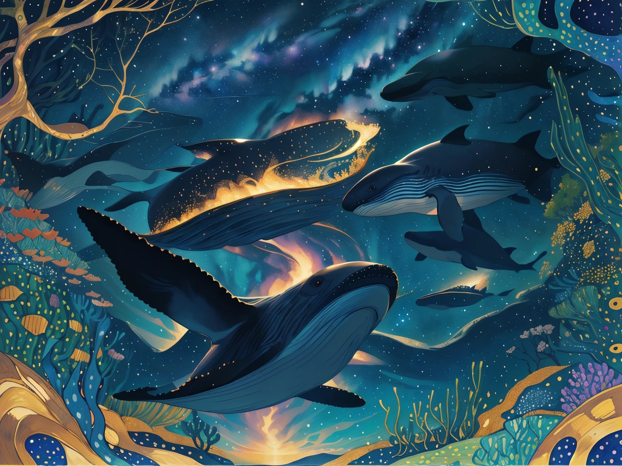 there are two golden song whales flying over a forest, glimmering golden whales, sky whales, golden particles in the starry night, under a sea of stars, high quality illustration, by Gustav Klimt