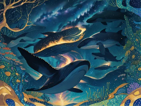 there are two golden song whales flying over a forest, glimmering golden whales, sky whales, golden particles in the starry nigh...