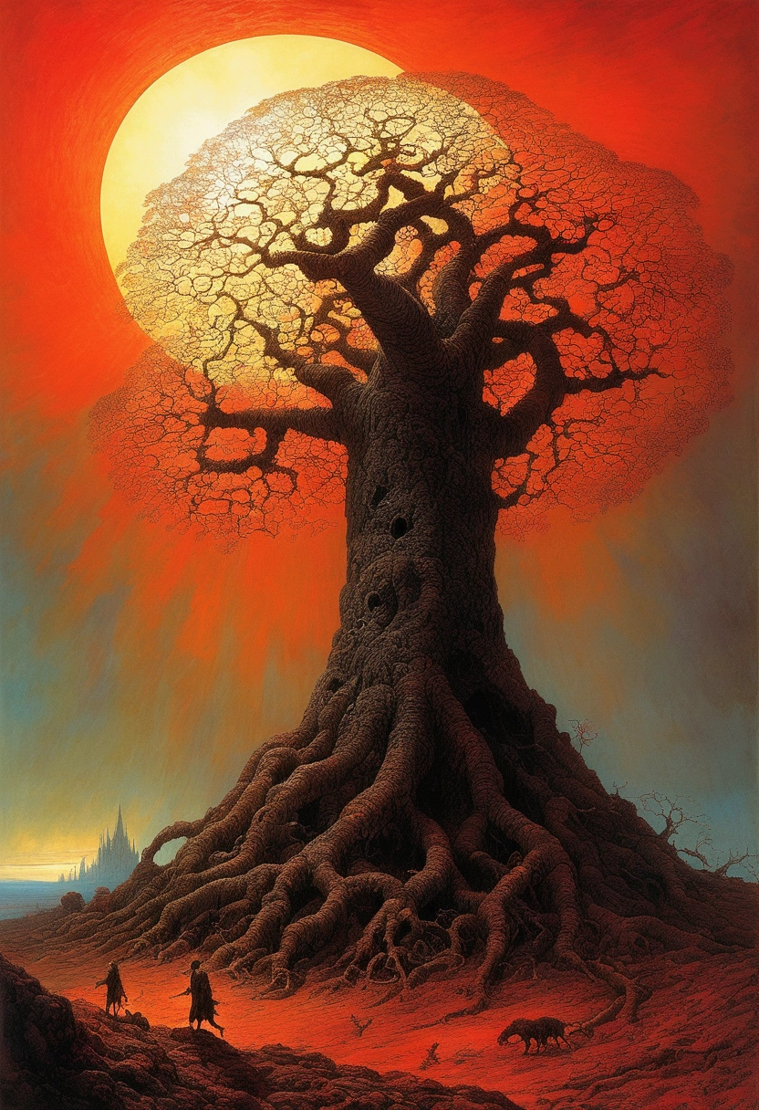 Mythical creatures, author：Zdzislaw Beksiński, Giant cherry tree,tons of corpses