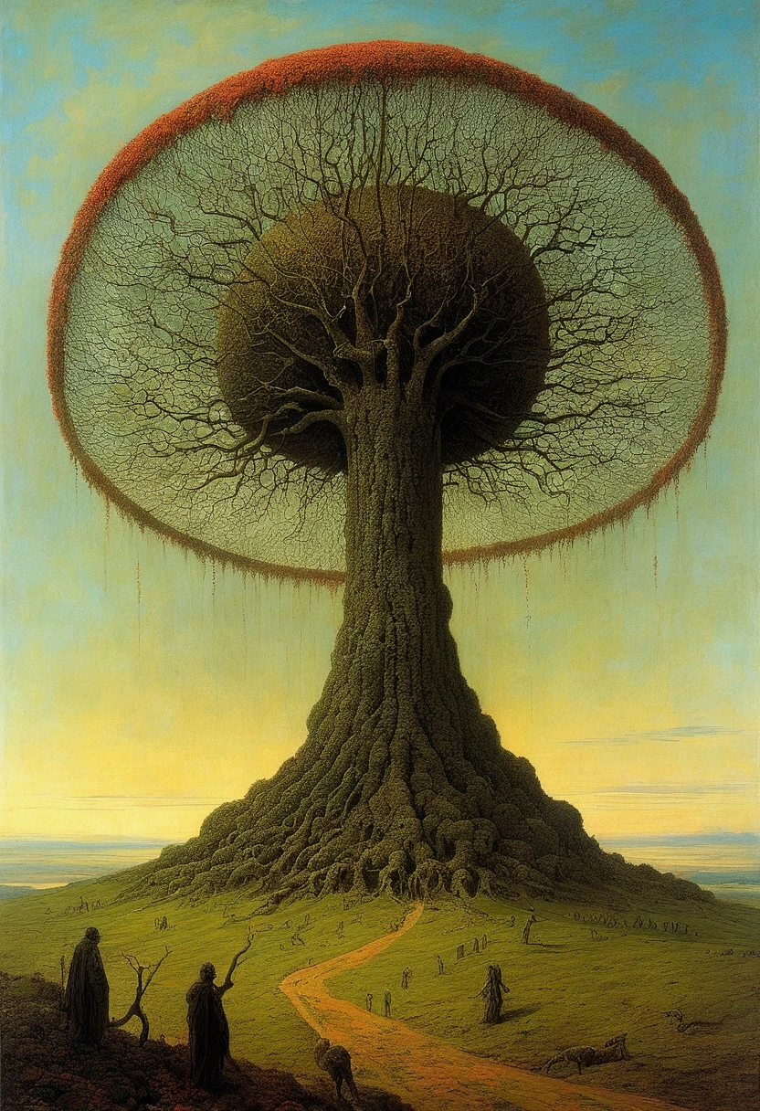 Mythical creatures, author：Zdzislaw Beksiński, Giant cherry tree,tons of corpses