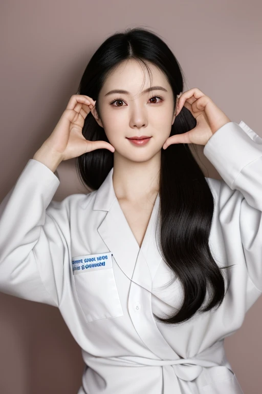 (medium shot), 1girl, (raised arms, fingers at cheeks), smiling, beautiful Japanese female doctor wearing white labcoat over scrubs, beautiful detailed face, Japanese woman, chignon black hair, pale skin, realistic skin, detailed cloth texture, detailed hair texture, Perfect proportion, Beautiful Face, accurate, Anatomically correct, Highly detailed face and skin texture , looking at viewer , modern hospital building, photorealistic