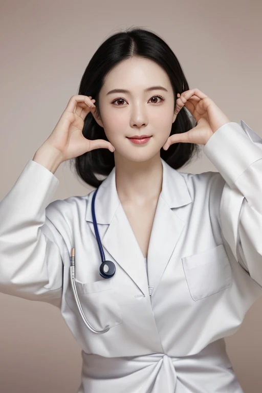 (medium shot), 1girl, (raised arms, fingers at cheeks), smiling, beautiful Japanese female doctor wearing white labcoat over scrubs, beautiful detailed face, Japanese woman, chignon black hair, pale skin, realistic skin, detailed cloth texture, detailed hair texture, Perfect proportion, Beautiful Face, accurate, Anatomically correct, Highly detailed face and skin texture , looking at viewer , modern hospital building, photorealistic