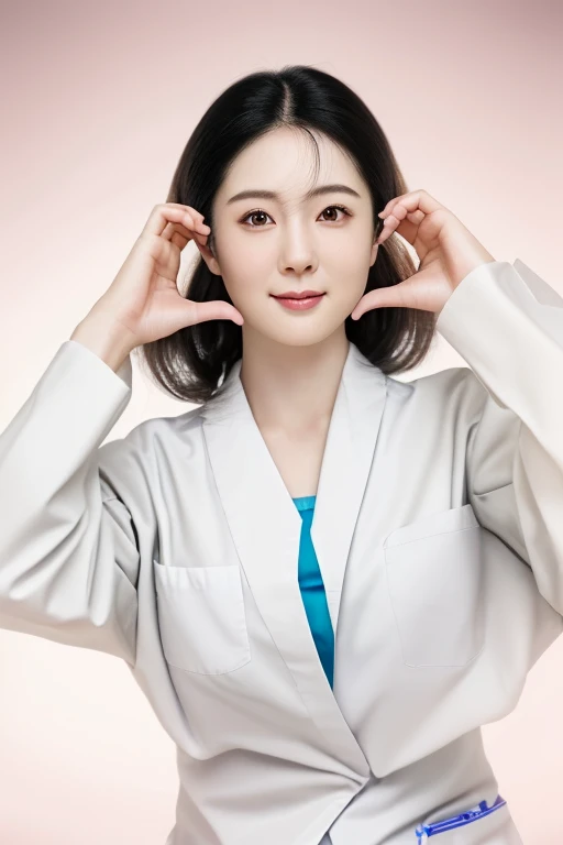 (medium shot), 1girl, (raised arms, fingers at cheeks), smiling, beautiful Japanese female doctor wearing white labcoat over scrubs, beautiful detailed face, Japanese woman, chignon black hair, pale skin, realistic skin, detailed cloth texture, detailed hair texture, Perfect proportion, Beautiful Face, accurate, Anatomically correct, Highly detailed face and skin texture , looking at viewer , modern hospital building, photorealistic