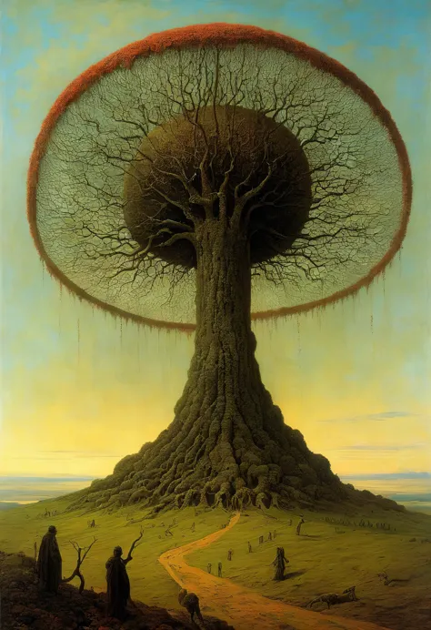 mythical creatures, author：zdzislaw beksiński, giant cherry tree,tons of corpses