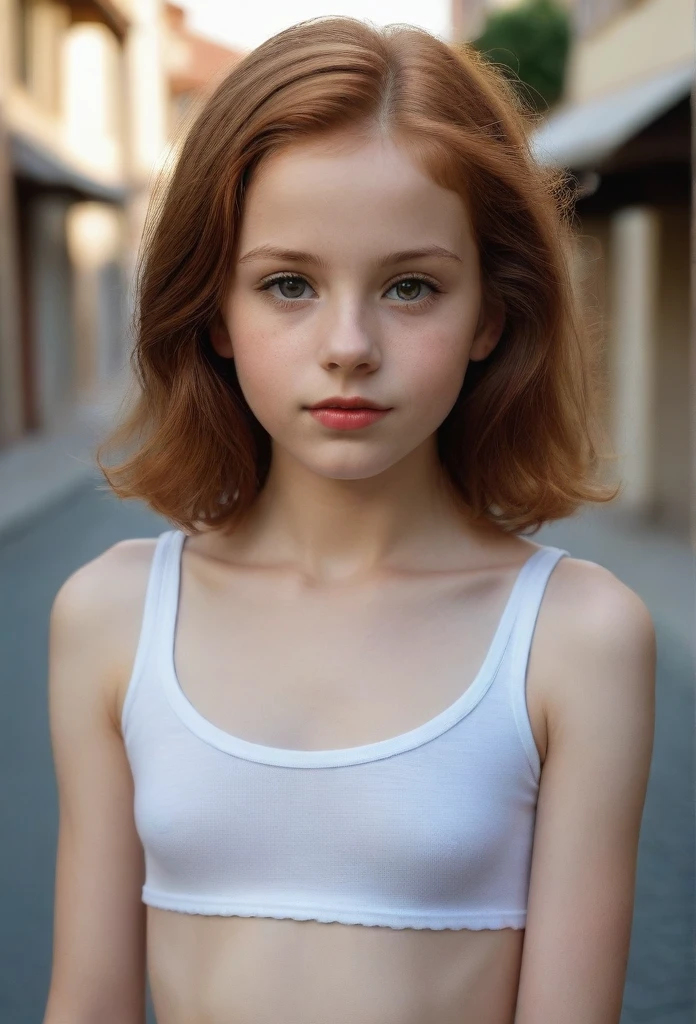 tir à moitié du corps, Une très jeune adolescente pose dans une rue calme d&#39;une station balnéaire. La fille a des yeux extrêmement détaillés, belles lèvres, cils longs et anatomie parfaite. Son corps maigre et fragile et ses mains sont travaillés dans les moindres détails, avec réaliste, rendu photoréaliste et de la plus haute qualité. L&#39;éclairage est à la Rembrandt, créer un drame, scène de chef-d&#39;œuvre. Elle a une apparence européenne, avec un joli visage ovale, cheveux roux courts et très petits seins. La femme pose dans un style rétro, ressemblant à un travail de haute qualité du photographe David Dubnitsky. Sa peau pâle montre des pores et des grains de beauté, et elle porte un T-shirt moulant et un short court. tir à moitié du corps. La scène a été tournée avec un appareil photo reflex numérique en résolution 8K UHD, avec un éclairage doux et un grain de film.